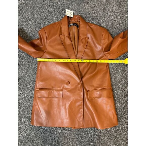 NWT Zara Faux Vegan Leather Oversized Boyfriend Brown Cognac Blazer Jacket - Picture 8 of 9